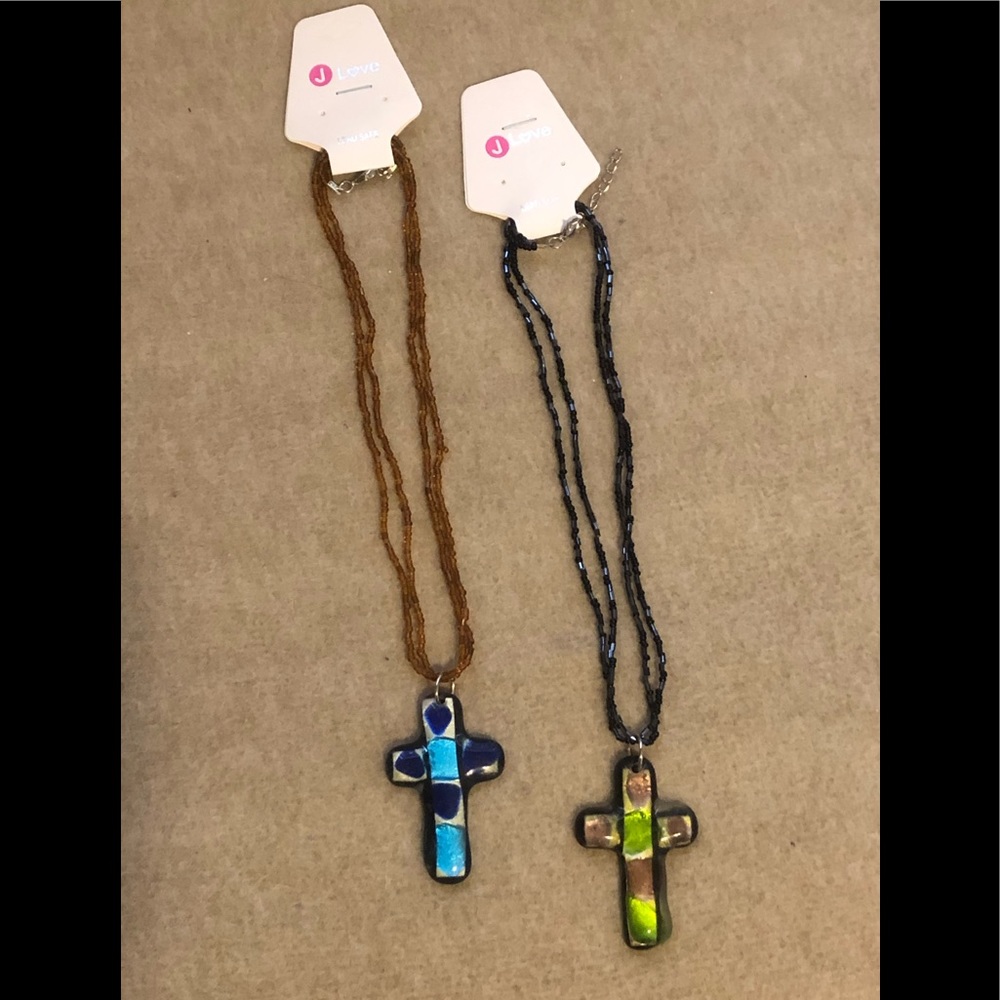 Hand-Blown Glass Cross on Double Beaded Chain.